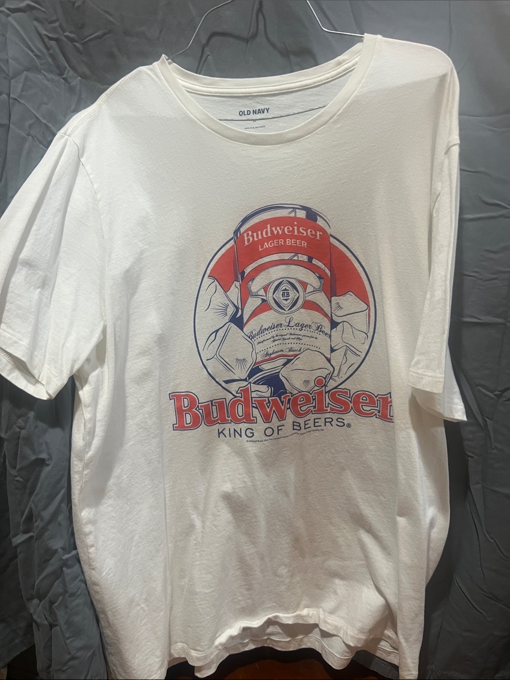 Old Navy White Budweiser Logo Tee with Red & Blue Graphic